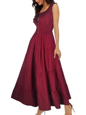 Women's Wine Red Boho Floral Maxi Summer Flowy Tiered Casual Long Dress